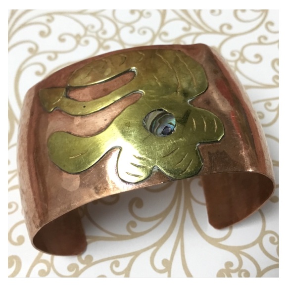 Vintage MEXICO Handcrafted Copper Brass Abalone Cuff Bracelet - Picture 5 of 9